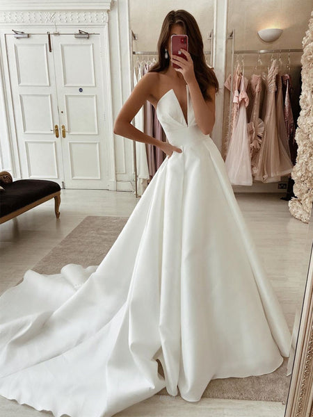 A-line Unique Simple Long Satin Strapless Wedding Dresses, Bridal Gowns  WD108