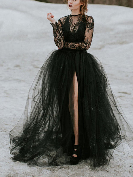 Long sleeve black lace best sale wedding dress