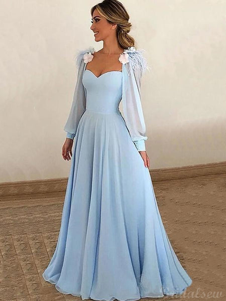 Appliques Ice Blue Prom Two Piece Long Sleeves Evening Dress – Sassymyprom