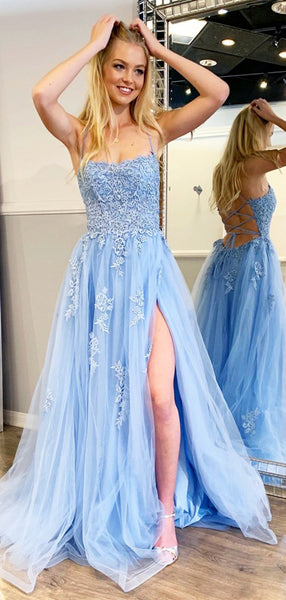 V Neck Light Blue Lace Long Prom Dresses with High Slit, Light Blue Tulle  Lace Formal Evening Dresses EP1724