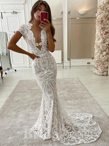 Unique Design Lace Mermaid Fantasy Beach Vintage Long Wedding Dresses Bridalsew 5902