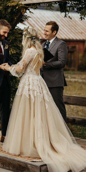 V-Neck Long Sleeve Rustic Wedding Dresses, Champagne Bridal