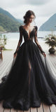 A-line Black Lace Long Sleeves Party Modest Women Evening Formal Long Prom Dresses PD1478