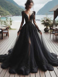 A-line Black Lace Long Sleeves Party Modest Women Evening Formal Long Prom Dresses PD1478