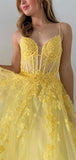 A-line Lace Yellow Spaghetti Straps Party Unique Modest Women Evening Formal Long Prom Dresses PD1472