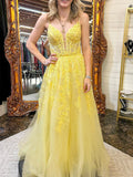 A-line Lace Yellow Spaghetti Straps Party Unique Modest Women Evening Formal Long Prom Dresses PD1472