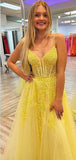 A-line Lace Yellow Spaghetti Straps Party Unique Modest Women Evening Formal Long Prom Dresses PD1472