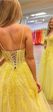 A-line Lace Yellow Spaghetti Straps Party Unique Modest Women Evening Formal Long Prom Dresses PD1472