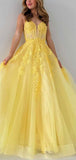 A-line Lace Yellow Spaghetti Straps Party Unique Modest Women Evening Formal Long Prom Dresses PD1472