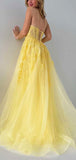 A-line Lace Yellow Spaghetti Straps Party Unique Modest Women Evening Formal Long Prom Dresses PD1472