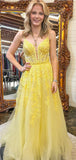 A-line Lace Yellow Spaghetti Straps Party Unique Modest Women Evening Formal Long Prom Dresses PD1472