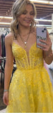 A-line Lace Yellow Spaghetti Straps Party Unique Modest Women Evening Formal Long Prom Dresses PD1472