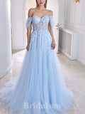 A-line Light Blue Tulle Off the Shoulder Elegant Evening Formal Long Prom Dresses PD1409