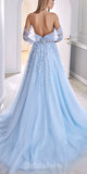 A-line Light Blue Tulle Off the Shoulder Elegant Evening Formal Long Prom Dresses PD1409