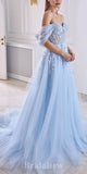 A-line Light Blue Tulle Off the Shoulder Elegant Evening Formal Long Prom Dresses PD1409