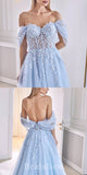 A-line Light Blue Tulle Off the Shoulder Elegant Evening Formal Long Prom Dresses PD1409