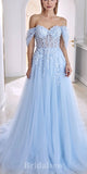 A-line Light Blue Tulle Off the Shoulder Elegant Evening Formal Long Prom Dresses PD1409