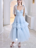 A-line Light Blue Tulle Straps Popurle Elegant Evening Formal Long Prom Dresses PD1410