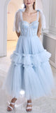 A-line Light Blue Tulle Straps Popurle Elegant Evening Formal Long Prom Dresses PD1410