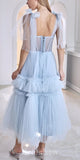 A-line Light Blue Tulle Straps Popurle Elegant Evening Formal Long Prom Dresses PD1410