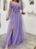 A-line Lilac Long Sleeves Party Modest Women Evening Formal Long Prom Dresses PD1477