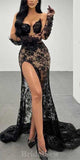 Mermaid Black Lace High Slit Party Modest Women Evening Formal Long Prom Dresses PD1474