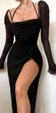 Mermaid Long Sleeve Black Sparkly Sequin Elegant Party Modest Women Evening Long Prom Dresses PD1493