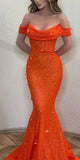 Mermaid Off the Shoulder Orange Green Sparkly Sequin Party Modest Women Evening Formal Long Prom Dresses PD1486