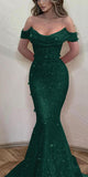 Mermaid Off the Shoulder Orange Green Sparkly Sequin Party Modest Women Evening Formal Long Prom Dresses PD1486