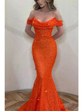 Mermaid Off the Shoulder Orange Green Sparkly Sequin Party Modest Women Evening Formal Long Prom Dresses PD1486