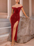 Mermaid Red Sequin Sparkly Off the Shoulder Party Modest Women Evening Formal Long Prom Dresses PD1479