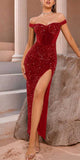 Mermaid Red Sequin Sparkly Off the Shoulder Party Modest Women Evening Formal Long Prom Dresses PD1479