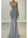 Mermaid Silver Sparkly Sequin Party Modest Women Evening Long Prom Dresses PD1490