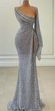 Mermaid Silver Sparkly Sequin Party Modest Women Evening Long Prom Dresses PD1490