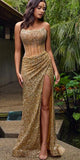 Mermaid Strapless Gold Sparkly Sequin Party Modest Women Evening Formal Long Prom Dresses PD1485