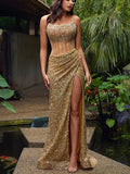 Mermaid Strapless Gold Sparkly Sequin Party Modest Women Evening Formal Long Prom Dresses PD1485