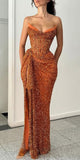 Mermaid Strapless Orange Sparkly Sequin Party Modest Women Evening Formal Long Prom Dresses PD1484