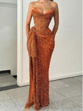 Mermaid Strapless Orange Sparkly Sequin Party Modest Women Evening Formal Long Prom Dresses PD1484