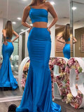 Mermaid Two Pieces Blue Party Modest Women Evening Formal Long Prom Dresses PD1476