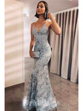 Popular Spaghetti Straps Silver Mermaid Modest Long Party Evening Prom Dresses PD1364