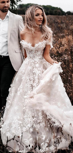A-line Beach Lace Vintage Off-the-Shoulder Wedding Dresses, Bridal Gow ...