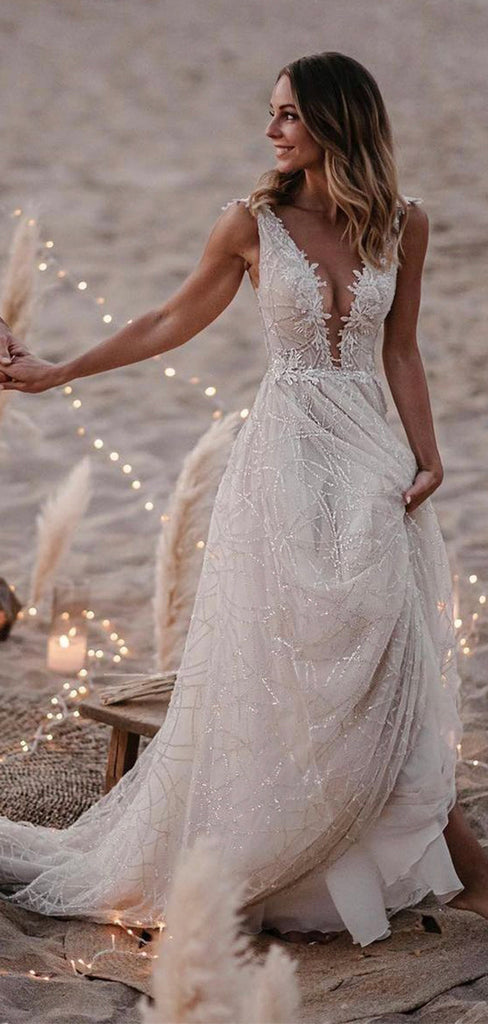 A-line Beach Unique Sequin Sparkly Modest Long Wedding Dresses, Bridal –  bridalsew