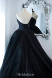 A-line Black Modest Unique Tulle Strapless Elegant Long Evening Prom Dresses, Gorgeous Ball Gown PD1217