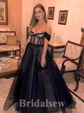 A-line Black Off the Shoulder Modest  Elegant Stylish Party Evening Long Prom Dresses PD1113