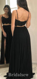 A-line Black Spaghetti Straps Two Pieces New Fashion Long Elegant Party Prom Dresses PD1177