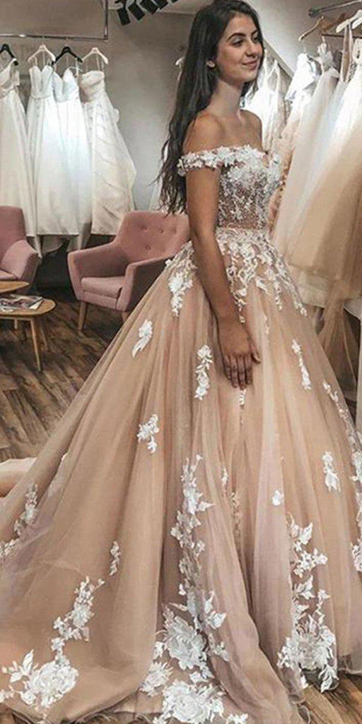 A-line Champagne Lace Off the Shoulder Vintage Wedding Dresses WD001 –  bridalsew
