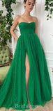 A-line Green Tulle Modest Elegant Strapless Popular Long Party Evening Prom Dresses PD1279