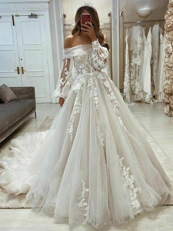 Amazon.com: Elegant Appliques Ball Gown Wedding Dresses for Brides 2024 Long  Sleeve V Neck Tulle Bridal Gowns with Lace Appliques US0 Ivory : Clothing,  Shoes & Jewelry