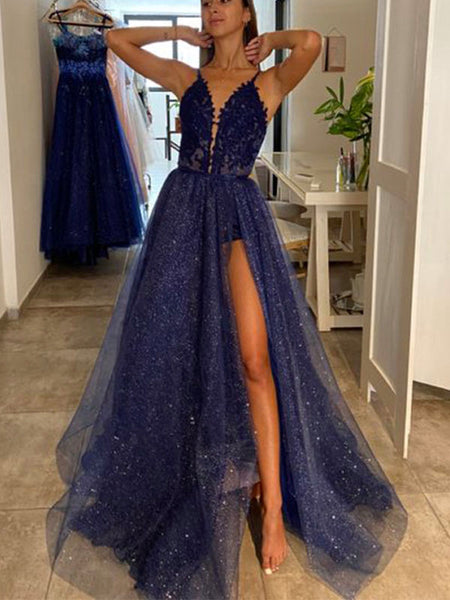 A-line Navy Blue Sparkly Unique Party Modest Formal Long Prom Dresses ...