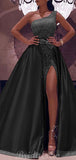 A-line One Shoulder Black Satin Modest Party Queen Prom Dresses PD032